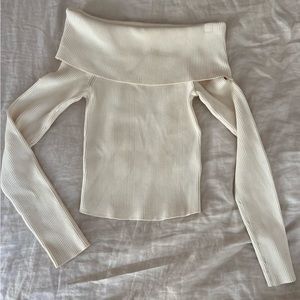 & Other Stories Off-The-Shoulder Cream Ribbed Long Sleeve Top